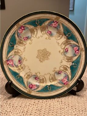 Antique Nippon Hand Painted Plate Raised Gold Moriage Roses Teal Japan